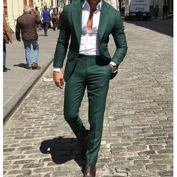 Naujausios Konstrukcijos Tamsiai Žalia Įpjovomis Atvartas Slim Fit Vyrų Kostiumai Vyrams Costum Homme Jaunikis Tuxedos Terno Masculino(Striukė+Kelnės)