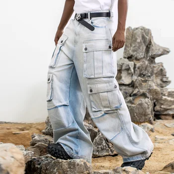 Rudens Ir Žiemos Vyrų Multi Pocket Streetwear Mados Retro Nuplauti Džinsinio Audinio Pločio Kojų Cargo Džinsai Pora Vintage Baggy Jeans Kelnės