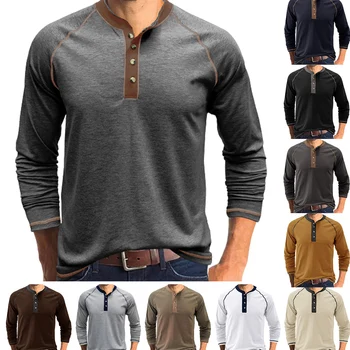 Atsitiktinis vyriški ilgomis rankovėmis marškinėliai Pavasarį, Rudenį Henley Kaklo Vientisų Spalvų marškinėliai Mygtuką Megztinis Viršuje Vyrų Basic Tee Viršūnės