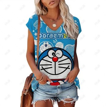 Vasaros Marškinėliai Moterims Doraemon Spausdinti Mados Tee 2023 Naujas Harajuku Animacinių filmų Marškinėliai trumpomis Rankovėmis Negabaritinių Vest Drabužių Y2K