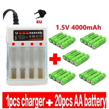 100% Naujas AA baterija 4000mAh įkraunamos baterijos AA 1,5 V Įkrovimo Naujas Alcalinas drummey +1pcs 4-cell baterijos įkroviklis