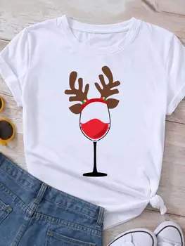 Kalėdų, Naujųjų Metų Elnias Vyno Tendencija Atostogų Graphic T Shirt Spausdinti marškinėliai Viršuje Moterų Mados Drabužių Moterų trumpomis Rankovėmis Tee