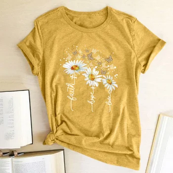 Vasarą Moterys Atspausdintas T-shirt Apvalus Kaklas Atsitiktinis Trumpas Rankovės Viršuje Gėlių Modelio Prarasti Gatvės Moteris Dėvėti 2023 Naujas Mados Tees