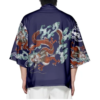 Japonų Stiliaus Samurajus Dragon Spausdinti Kimono Vasarą Streetwear Vyrų, Moterų Megztinis Harajuku Anime Drabužius, Drabužius