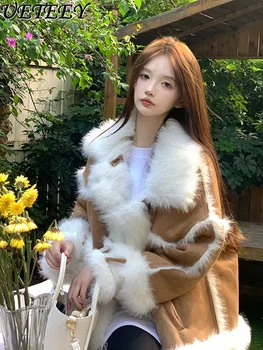 2023 Žiemos Naujus moteriškus Imitacija Fox Fur Integruota ėriukų vilna Storas Kailis Apykaklės Striukė Moterų Elegantiškas Mados Trumpas Kailiai, Kailio