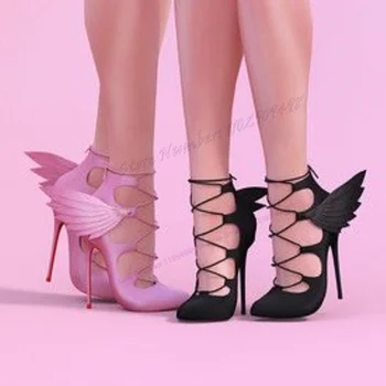 Rožinė Sparnus Dekoro Tuščiaviduriai Iš Siurbliai Atgal Dirželis Pointt Toe Bateliai Moterims Ploni Aukšti Kulniukai Sexy Lady Batus 2023 Zapatos Para Mujere