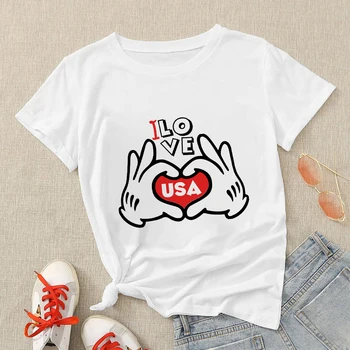 Disney Drabužiai Moterims, I Love America Atspausdintas T-shirt O-kaklo trumpomis Rankovėmis Marškinėliai Moteriška Sportinė Merginos Marškinėlius Viršūnes Balta