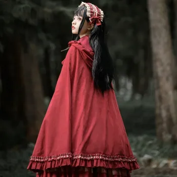 Moteris Retro Lolita Apsiaustu, Japonų Stiliaus Lolita Skara Žiemos Raudona Šiltas Kailis Merginos Saldus Pliušinis Gobtuvu Žaliojo Halloween Kostiumai, Rekvizitas