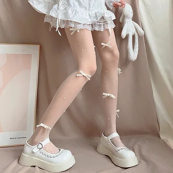 Nauja Seksuali Japonų Stiliaus JK Bowknot Pearl Kojinės Moterims Lolita Kawaii Pėdkelnės Tinklelio Nailono Kojinės Vasaros Skaidrus Broilerių