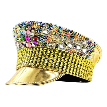Aukso Kapitonas Bžūp Vestuvių Mados Flat Top Hat DanceParty Skrybėlę Moterų Nuotaka Fedora Skrybėlę Blizgučiai Klubas Didmeninės