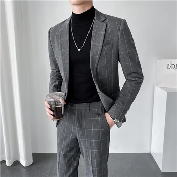 Nauji vyriški (kostiumas + kelnės) high-end boutique mados viskas su vientisos spalvos tendencija atsitiktinis gražuolis Britų dviejų dalių komplektas