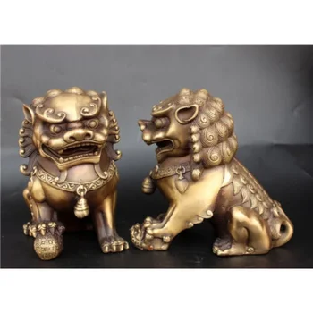 Antikvariniai bronzos Liūtai Feng shui Fu Kazkoks Šuo Liūto Statulos, Durų dievo pora liūtai