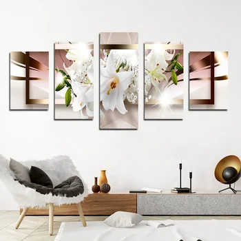 Graži Balta Lelija Gėlės Modulinės Vaizdą HD Atspausdinta 5 Skydelis Plakatas Namų Dekoro Drobės, Paveikslai, Interjero Kambario Dekoro