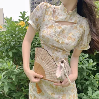 Geltonos Spalvos Gėlių Qipao Nauja Pavasario Vasaros Kinų Stiliaus Suknelės Moterims, Elegantiškas Cheongsams Pagerėjo Qipao Panele Laisvalaikio Vestidos