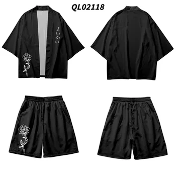 Harajuku Tradicinių Rose Spausdinti Dviejų dalių Kostiumas Yukata Moterų Kimono Šortai Japonijos Megztinis Vyrams Cosplay Haori Drabužiai
