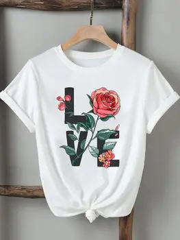 Tee Drabužiai, Spausdinimo T-Shirt Moterims Lady Tshirts Spausdinti Mados Meilės Laišką Gėlių Mielas Atsitiktinis Trumpas Rankovės Grafinis T Viršų