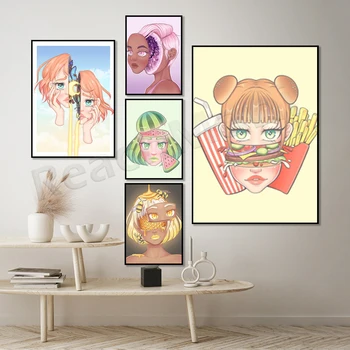 Ametistas mergina, avilio proto, siurrealistinis mėsainiai, estetinės ramen, arbūzas, suši, anime pastelinių mergina svajingai mielas estetinės plakatas,