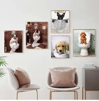 Gyvūnų plakatas juokingas animacinių filmų nuotrauką kambario dekoravimo Meno Dekoras drobė, tapyba Šiaurės stiliaus tualetas šunų ir kačių laikraštis