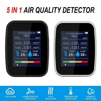 5 In1 Oro Kokybės Detektoriai, CO2 HCHO TVOC Temperatūros ir Drėgmės Analizatorius Detektorius, skirtas Automobilių Miegamojo, Biuro Skaitmeninis Dujų Stebėti