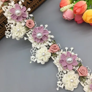 10x 3D Perlų Rožė, Gėlių, Abrikosų Išsiuvinėti Nėriniai Apdailos Juostelės Audinio Siuvimo Reikmenys Amatų 