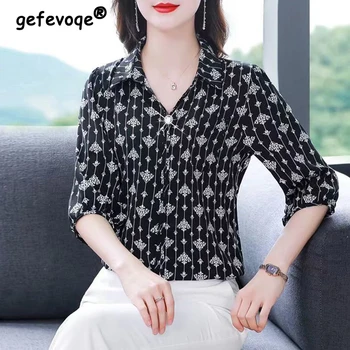 Moterys Vasarą Korėjos Stiliaus Spausdinti Prašmatnus Elegantiškas Palaidinės Atsitiktinis Pasukite Žemyn Apykaklės 3/4 Rankovėmis Marškinėliai Prarasti Viršūnes Blusa Mujer Moda 2023