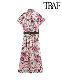 TRAF 2023 Vasarą Moteris Atspausdinta Marškinėliai Midi Ilgio Suknelė Mados trumpomis Rankovėmis Su Diržu Derliaus Viename Krūtinėmis Priežastinis Slim Suknelės
