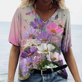 Gėlių Drugelis Aliejaus Tapybai 3D Print T-shirts Streetwear Moterų V-kaklo Marškinėliai Negabaritinių Y2k Harajuku Viršūnes Tees Moterų Drabužiai