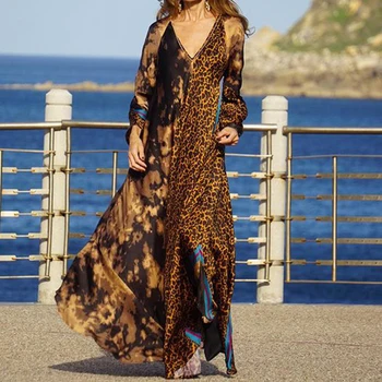 Pavasarį, Rudenį Atsitiktinis Palaidų Maxi Suknelė Vintage Leopardas Spausdinti V-kaklo Ilga Suknelė Moterims Atsitiktinis ilgomis Rankovėmis Aukštis Juosmens Šalis Suknelės