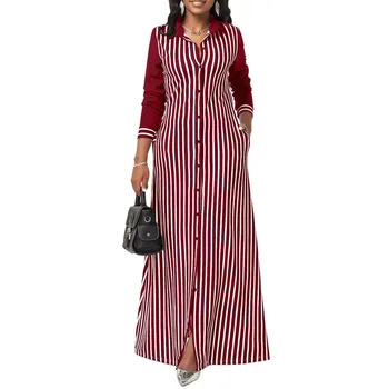 Mados Dryžuotas Ilgas Rankovėmis Marškinėliai Maxi Suknelė Skraiste Megztinis Naujas Rudens Afrikos Suknelės Moterims Tradicinių Afrikos Drabužiai