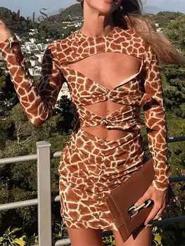 ArtSu O Kaklo, ilgomis Rankovėmis, Leopardas spausdinimui Tuščiaviduriai Iš Ruched Mini Promenadzie Suknelė 2022 M. Rudenį Seksuali Moteris Slim Rave Gimtadienio Y2K ANDYDR1319
