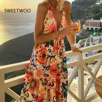 2023 Vasarą Naujas Mados Giliai V Kaklo Kabo Atvira Nugara Rankovių Spausdinti Holiday Beach Suknelė