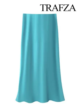 TRAFZA Moterų Mados Elegantiška Mėlynos spalvos Minkšta Satino Aukšto Juosmens Midi Sijonas Moterų Prašmatnus Derliaus Raukšlės Laisvi A Linijos Sijonai Mujer