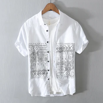 Dizaineris naujo Kinų stiliaus medvilnės, Lino marškinėliai vyrams trumpomis rankovėmis balti spausdinti marškinėliai vyrams retro kvėpuojantis mens drabužių viršūnės