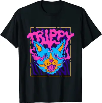 NAUJAS TIK Trippy Psichodelinio Keista Katė Hipių Rave Weirdcore Kačių Mylėtojas T-Shirt