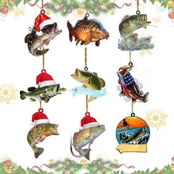 Kalėdų Eglutė Dekoras Akrilo Žalia Bass Žuvų Largemouth Butas 2D Dekoro 9pcs Linksmų Kalėdų Ornamentu Ir Galinio vaizdo Veidrodis, Pakabukas
