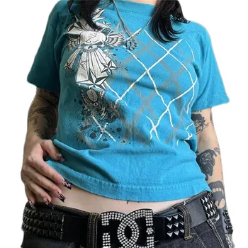 Kaukolė Grafinis Tees 2000-ųjų Moterų Gotikos Drabužių Apvalios Kaklo trumpomis Rankovėmis T Shirts Cyber y2k Viršuje Punk Grunge Drabužių Streetwear