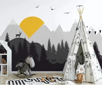 Užsakymą Bet kokio Dydžio 3D Tapetai, Freskos Šiaurės geometrinis kalnų viršūnės, pušyne, briedžių vaikų tapetai papel tapiz