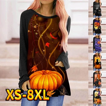 Moteriški marškinėliai Tee Animacinių filmų Helovinas Moliūgų Tapybos Aktyvus Streetwear ilgomis Rankovėmis Spausdinimo Raundo Kaklo Esminė XS-8XL
