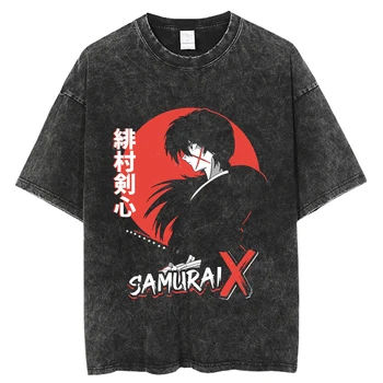 Harajuku Kūrybos Spausdinimas Japonų Anime Rurouni Kenshin T-Shirt, Derliaus Plauti Mados O-Kaklo Trumpomis Rankovėmis Unisex Marškinėliai